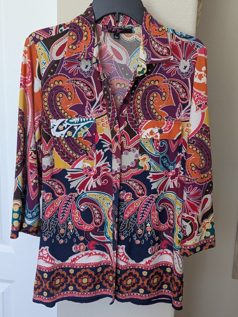 Peck & Peck Vintage Multi-Color Paisley Button-front Blouse - Size L